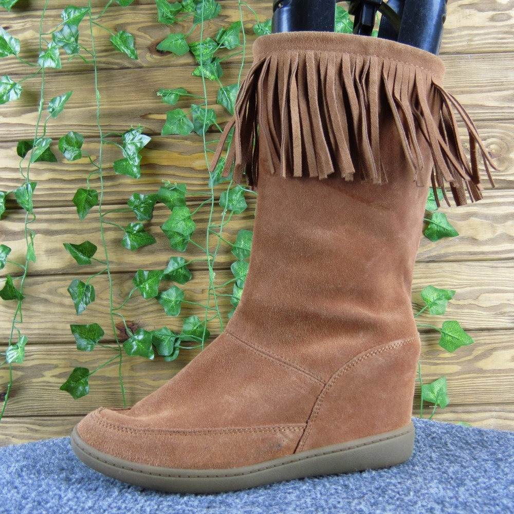 Skechers Skch+3 Suede Wedge Boots Fringe Detail Rust Brown Women's Shoes 7.5